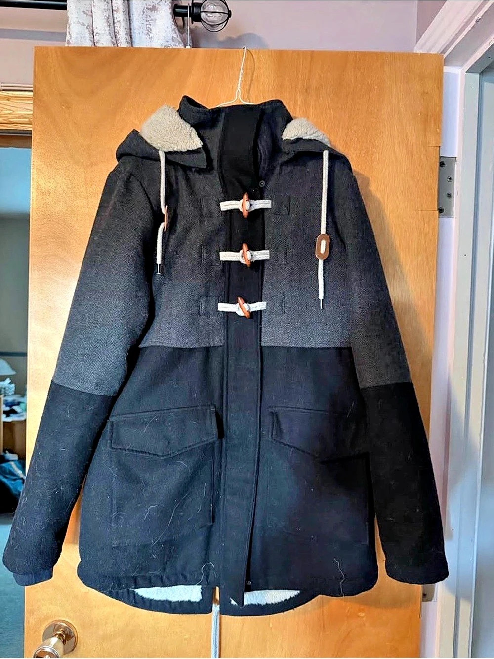 Twik by Simons Charcoal Herringbone Hooded Duffle Coat – Size L